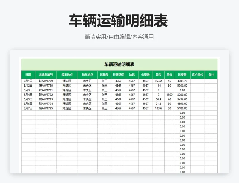 简约绿色车辆运输明细表