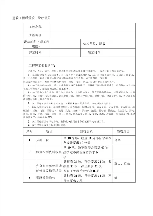 建设工程质量竣工验收意见书