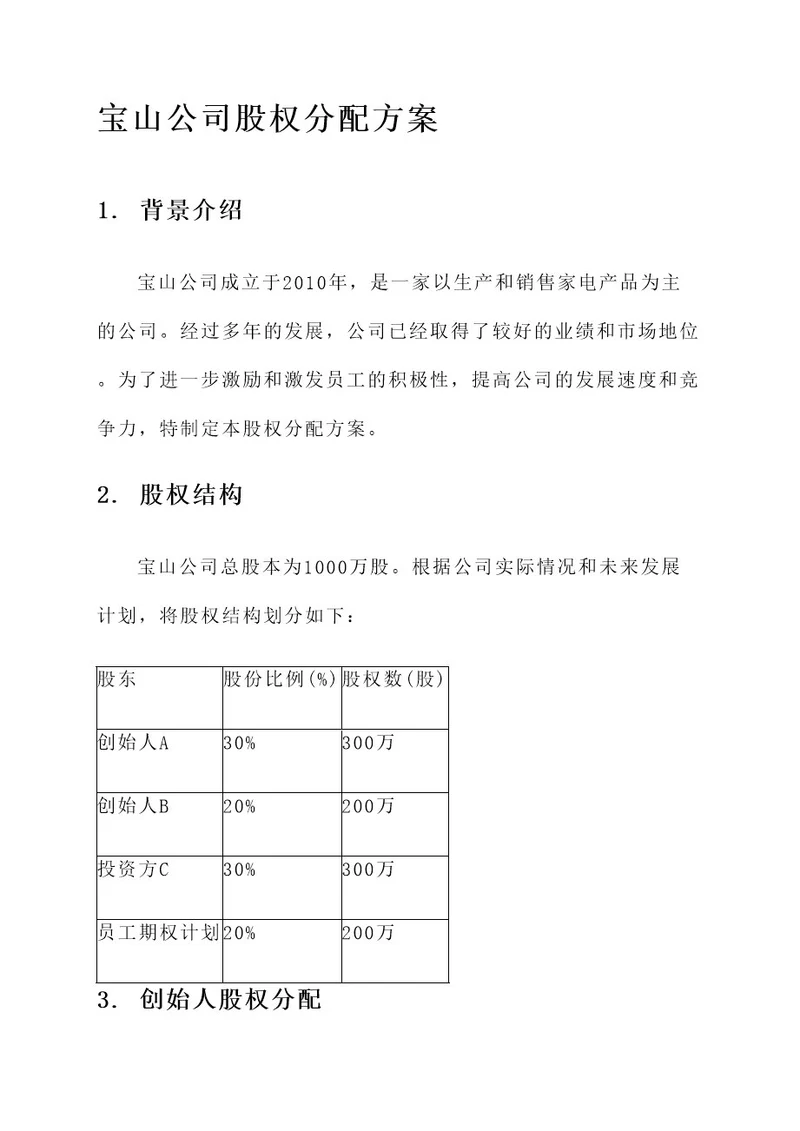 宝山公司股权分配方案