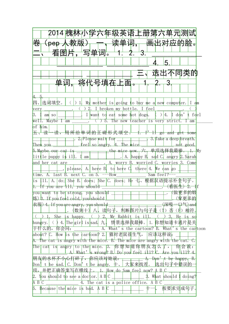 2014槐林小学六年级英语上册测试卷pep人教版.docx