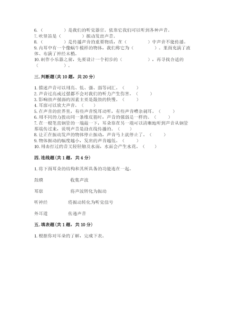 教科版科学四年级上册第一单元声音测试卷汇总.docx