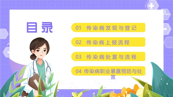 紫色卡通插画医疗医护科普传染病上报流程动态PPT传染病预防