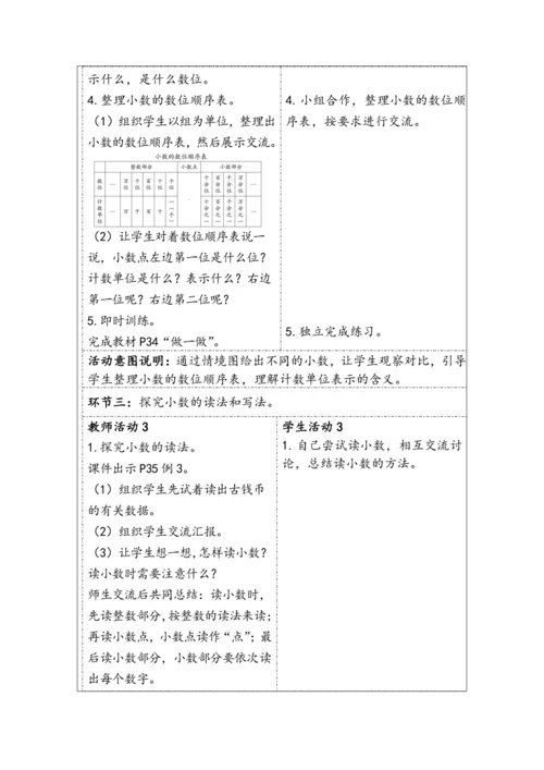大单元教学【核心素养目标】4.2  小数的读法和写法（表格式）教学设计 人教版四年级下册