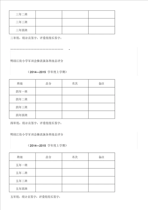 军训会操表演评分表及各班级总评分