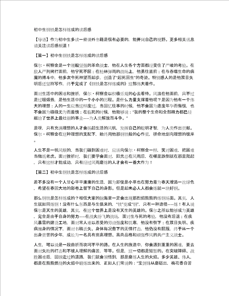 初中生钢铁是怎样炼成的读后感