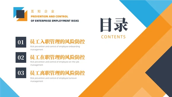 蓝橙黑三色简约风企业用工防范风险PPT