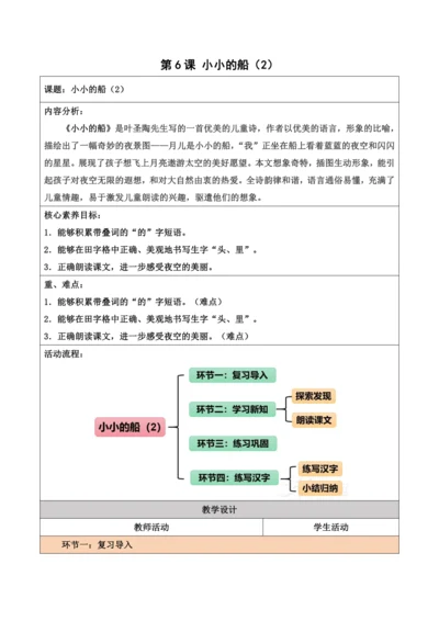 部编1A 第4单元 第6课 小小的船（2）教学设计