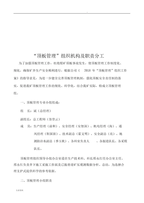 顶板管理专业小组组织机构及职责分工