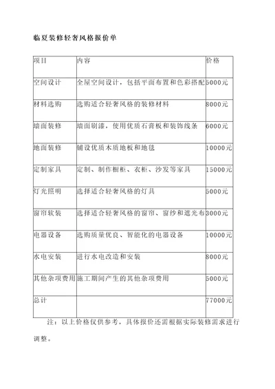 临夏装修轻奢风格报价单