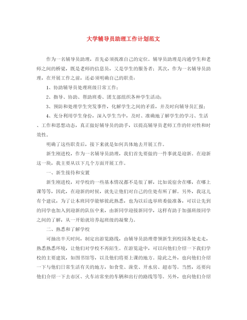 精编之大学辅导员助理工作计划范文2.docx