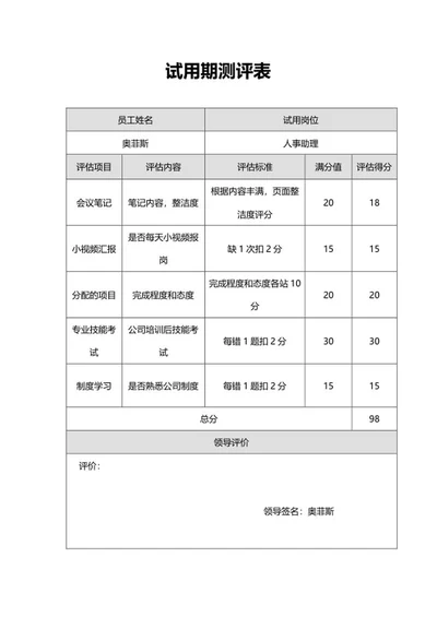 员工实习试用期测评表word模板