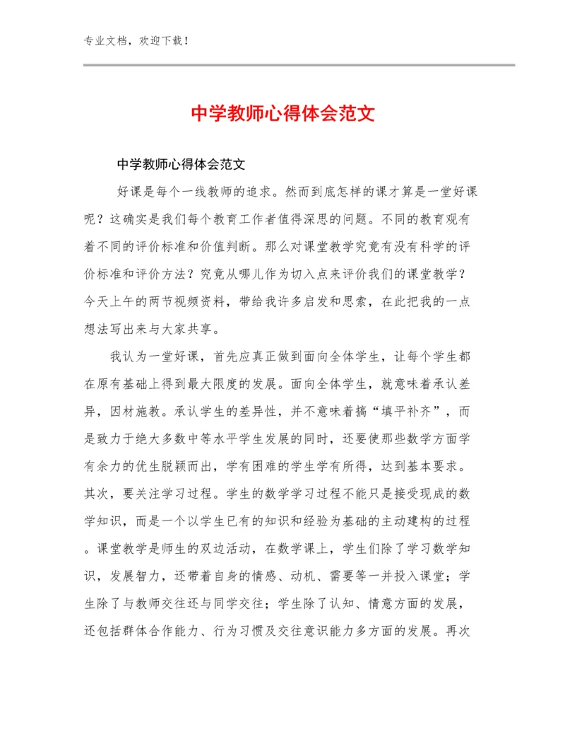 中学教师心得体会范文优选范文12篇合辑.docx