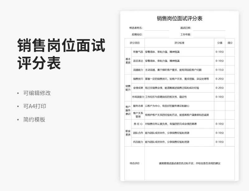 销售岗位面试评分表