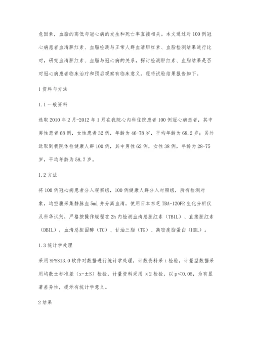 研究血清胆红素、血脂测定与冠心病诊断的关系.docx