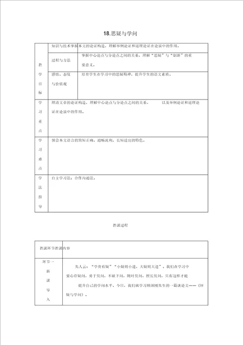 部编版2019秋九年级语文上册第五单元18怀疑与学问教案有反思