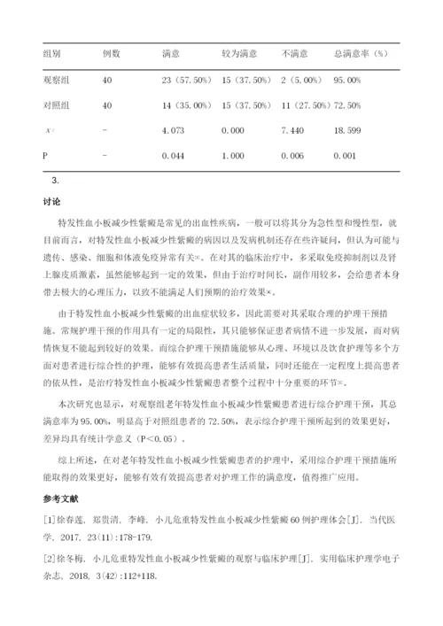 综合护理干预在老年特发性血小板减少性紫癜护理中的效果观察.docx