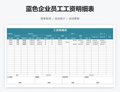 蓝色企业员工工资明细表