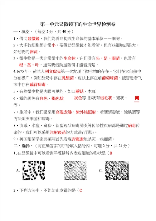 教科版五年级科学下册第一单元显微镜下的生命世界检测卷