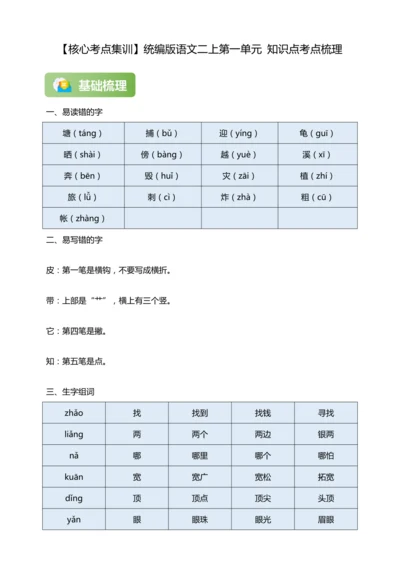 【核心考点集训】统编版语文二上第一单元 知识点考点梳理