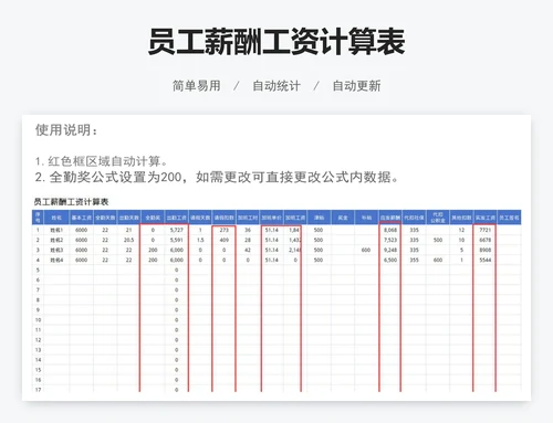 员工薪酬工资计算表