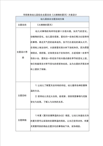 学前教育幼儿园综合主题活动火辣辣的夏天方案设计