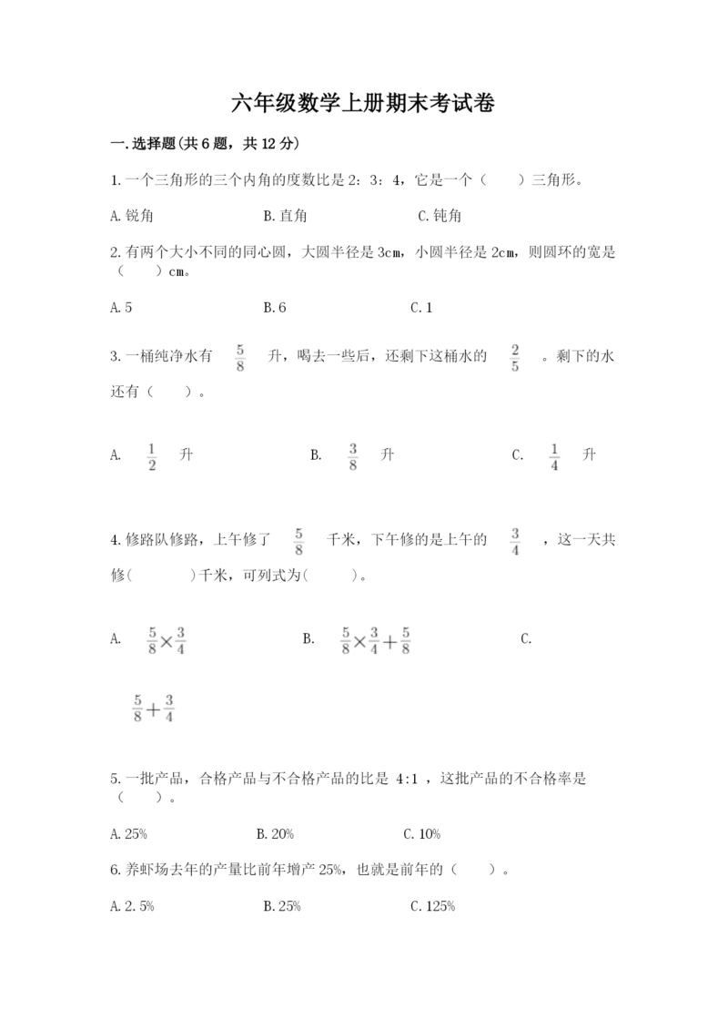 六年级数学上册期末考试卷含完整答案【各地真题】.docx