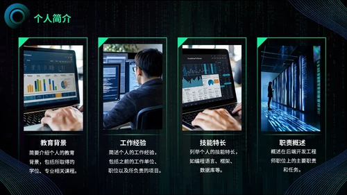 渐变蓝绿色科技风后端开发工程师述职报告PPT模板