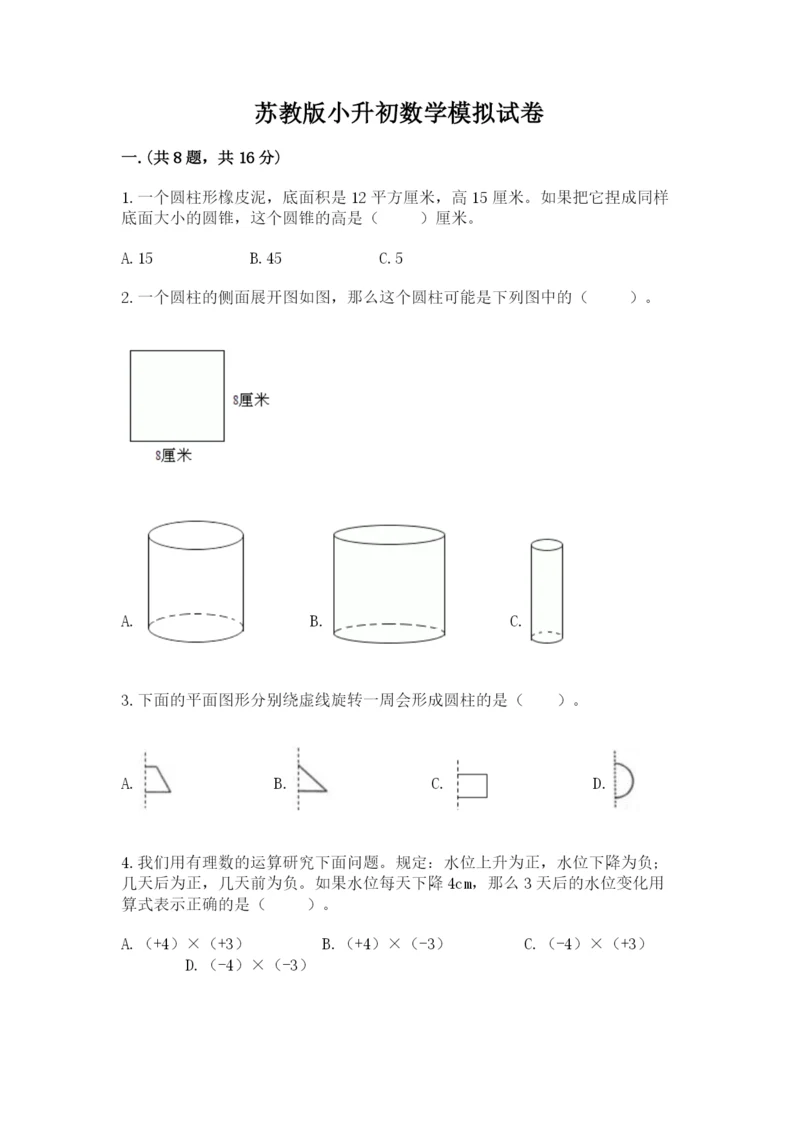 苏教版小升初数学模拟试卷及答案（网校专用）.docx