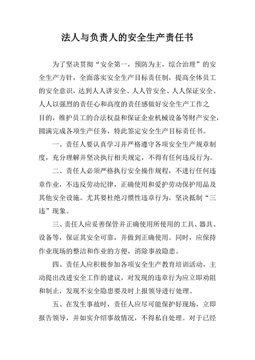 法人与负责人的安全生产责任书
