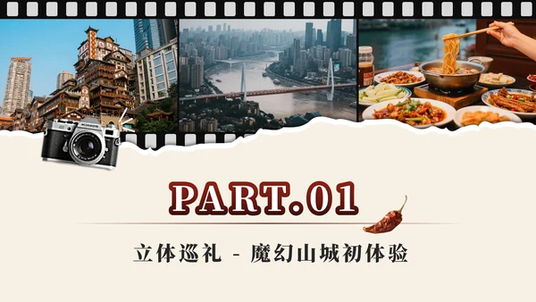 红色实景重庆旅行攻略PPT模板