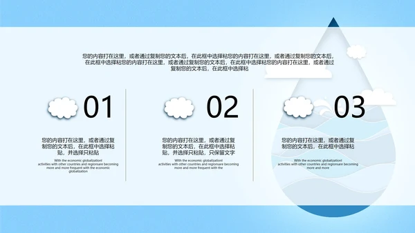 蓝色简约风微立体剪纸水滴世界水日主题教育PPT模板