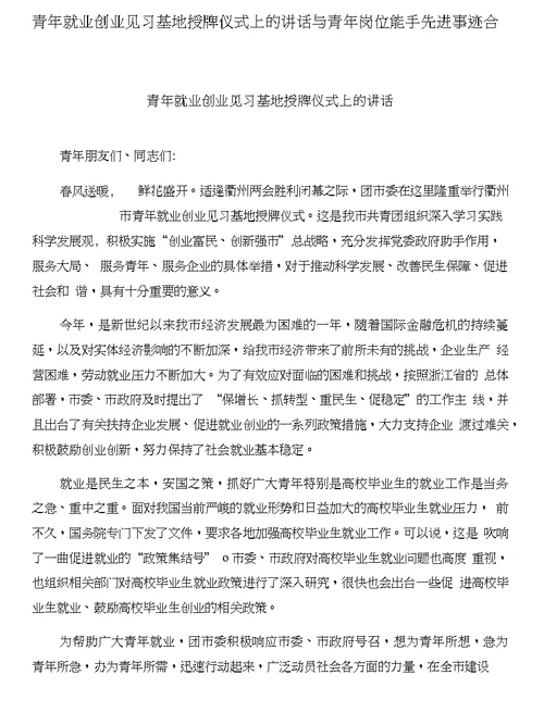 青年就业创业见习基地授牌仪式上的讲话与青年岗位能手先进事迹合集