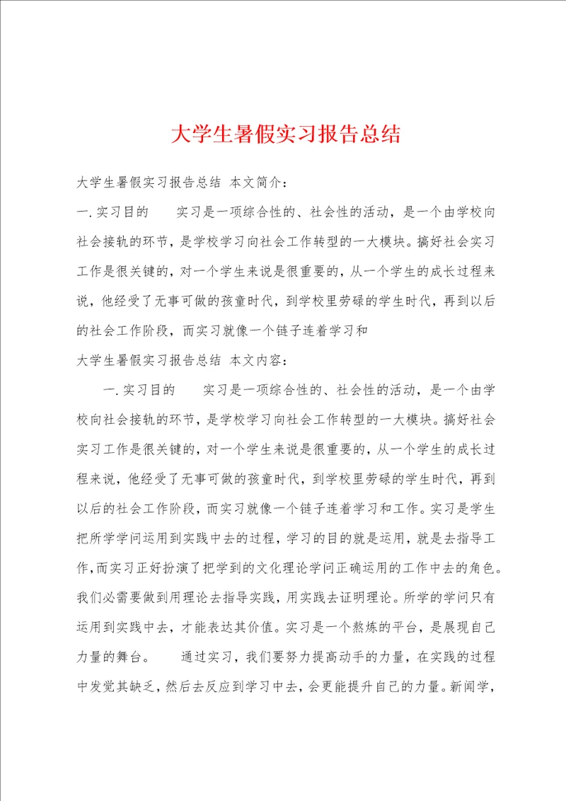 大学生暑假实习报告总结