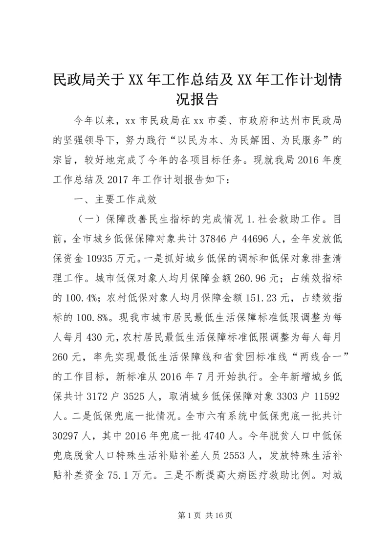 民政局关于XX年工作总结及XX年工作计划情况报告.docx