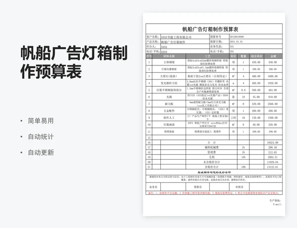 帆船广告灯箱制作预算表