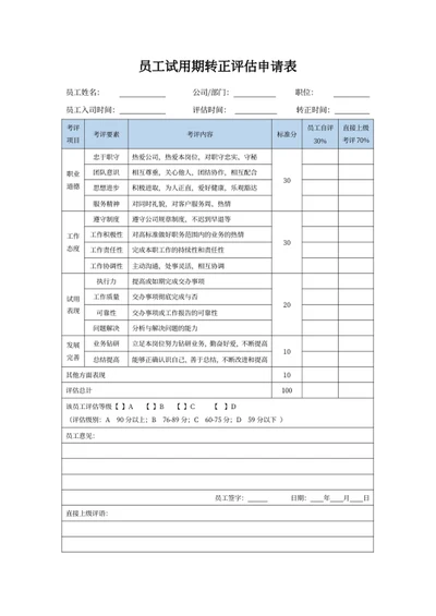 员工试用期转正评估申请表
