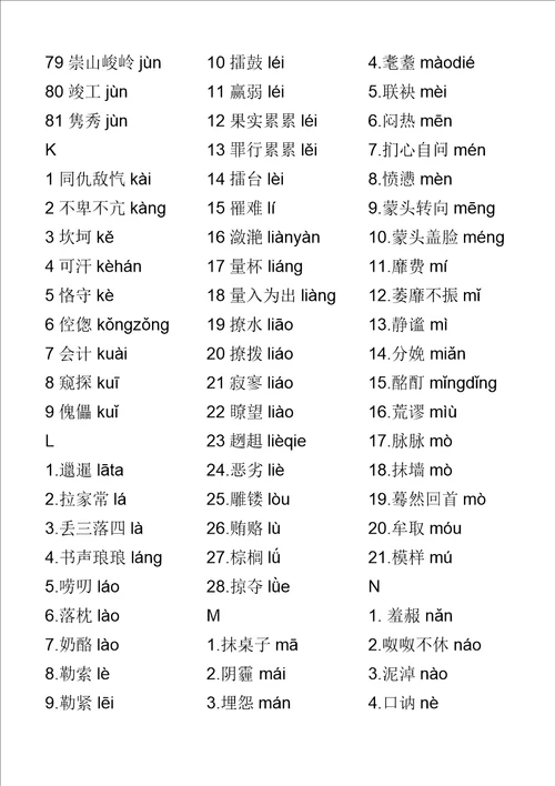 新大纲普通话水平测试易读错词语表