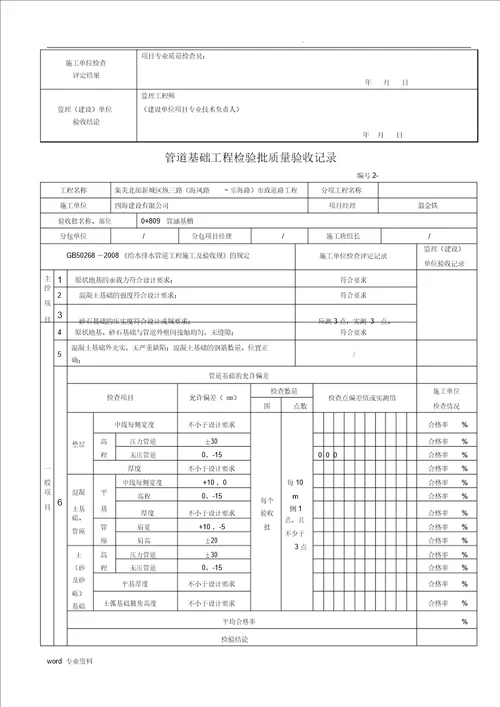 市政给排水管道工程检验批质量验收记录表格