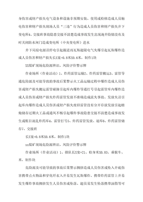 煤矿现场危险源辨识、风险评价警示牌