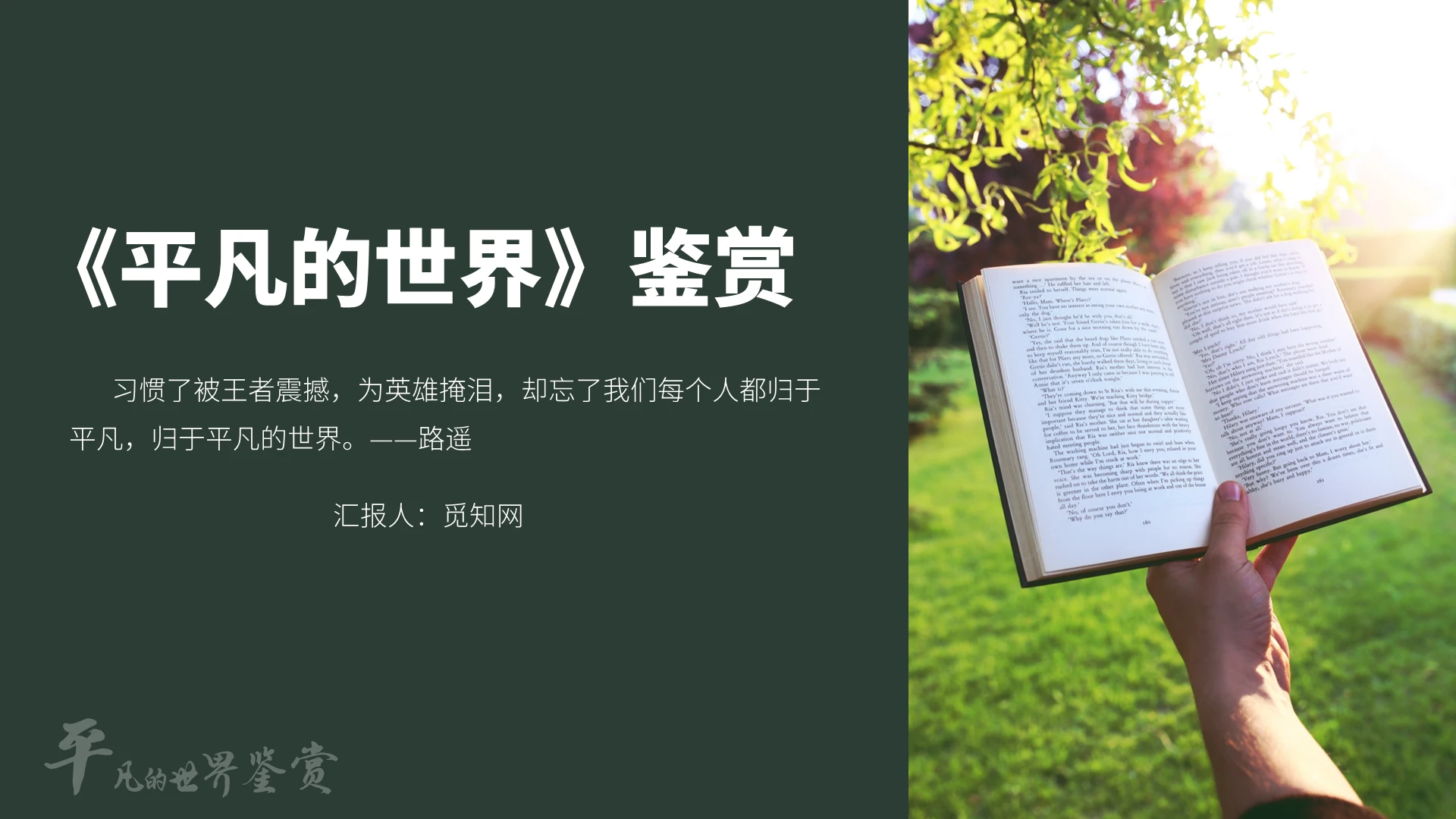 绿色简约风平凡的世界读后感名著导读PPT