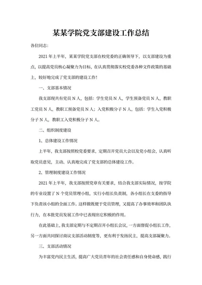 学院党支部建设工作总结word模板