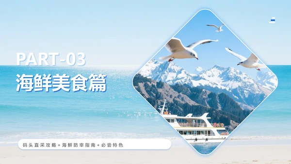 蓝色小清新风实景海边度假旅游攻略PPT模板