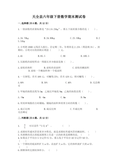 天全县六年级下册数学期末测试卷1套.docx