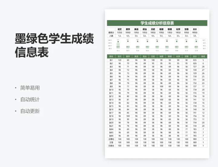 墨绿色学生成绩信息表