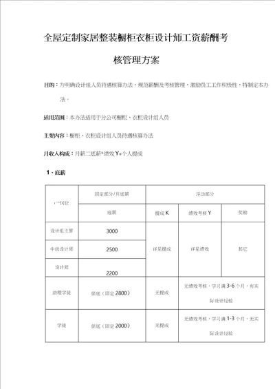 全屋定制家居整装设计师工资薪酬考核管理方案