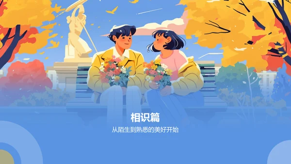 蓝色插画风情侣相恋过程PPT模板