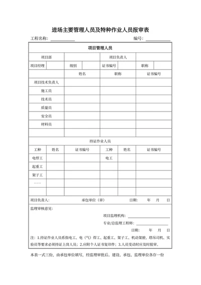 进场主要管理人员及特种作业人员报审表