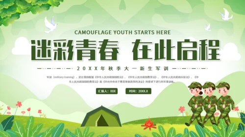 青春在此启程新生军训，绿色迷彩通用PPT模板