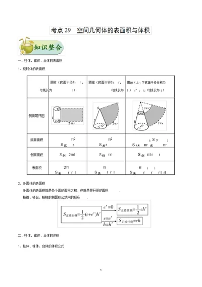 专题29空间几何体的表面积与体积知识点