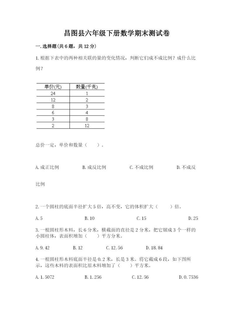 昌图县六年级下册数学期末测试卷（全优）.docx